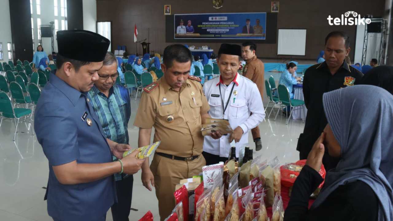 Plt Bupati Kolaka Timur, meninjau stand UMKM yang ada di sekitar lokasi pengukuhan Dekranasda. Foto: Sigit Purnomo/ Telisik
