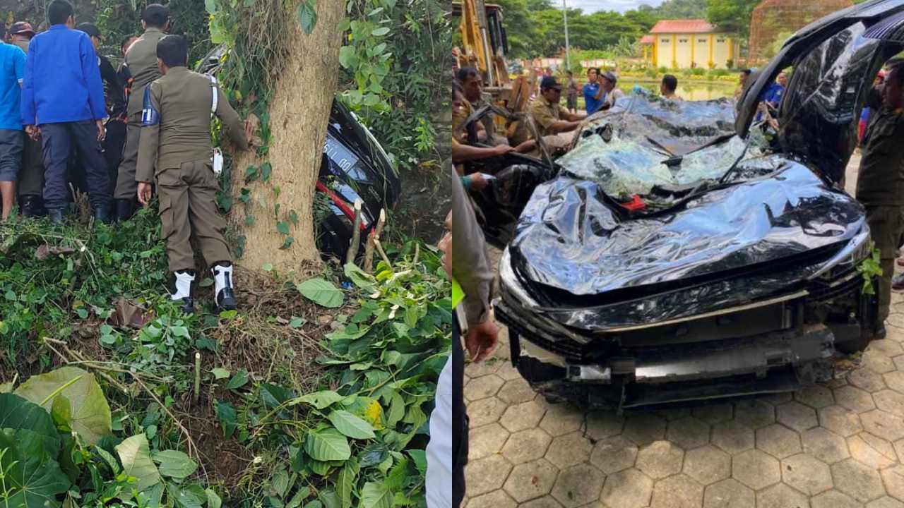 Mobil honda HRV warna hitam Nopol DD 1192 XAR sedang dievakuasi usai masuk jurang di kompleks perkantoran bupati Kabupaten Kolaka Utara. Foto: Ist.