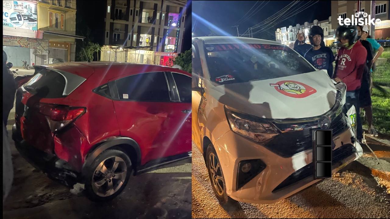 Taksi online (Maxim) menabrak mobil yang sedang terparkir di pinggir jalan. Foto: Muhammad Aswad Raudatul Atfal/Telisik