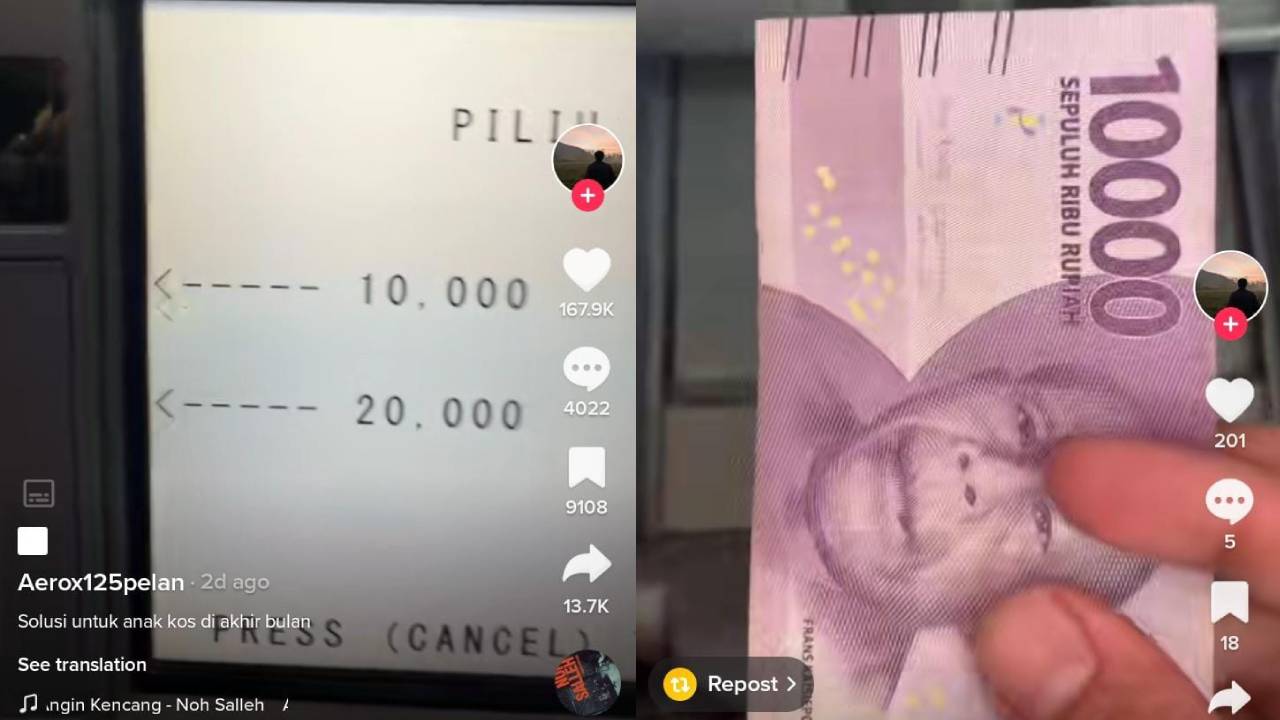 Tampilan ATM Bank Mandiri yang menyediakan pecahan minimal Rp 10 ribu, ramai di bicarakan oleh warganet bahkan beberapa warganet berharap bank lainnya bisa meniru hal tersebut. Foto: Repro akun TikTok @aerox125pelan