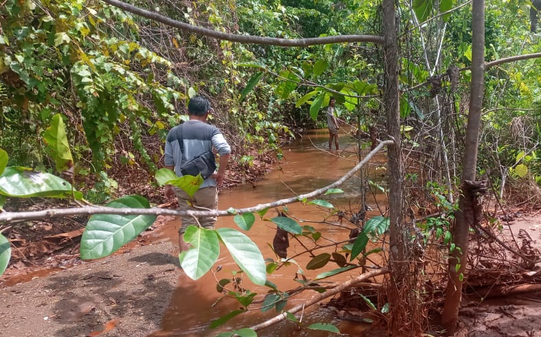 Kondisi permukaan sungai seluas dua meter yang saat ini hampir rata dengan permukaan tanah akibat tertimbung luapan lumpur tambang PT KTR. Foto: DLH Kolaka Utara