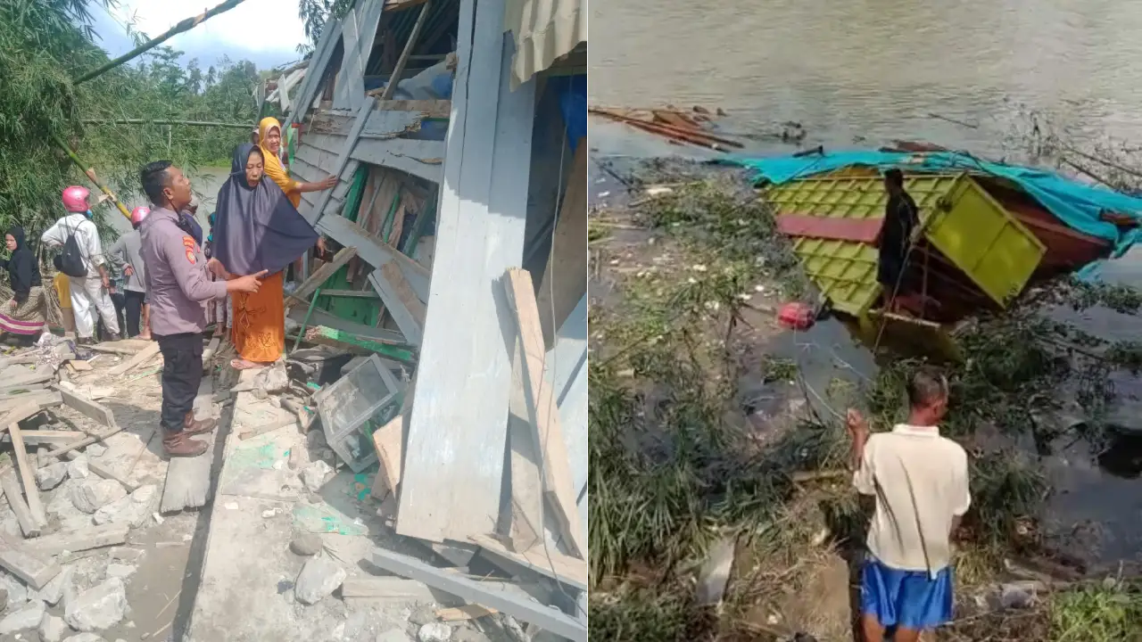 Diduga mengalami rem blong sebuah truk bermuatan kayu menabrak sebuah kios dan jatuh di sungai Konaweha. Foto: Ist.