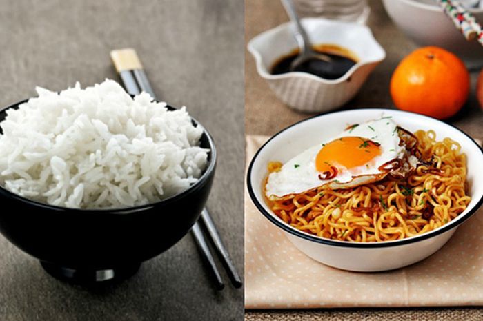 Nasi dan mi instan telah menjadi makanan pokok yang paling sering dikonsumsi. Bahkan terkadang, ada yang makan mi dengan nasi secara bersamaan. Foto: Repro Grid.id