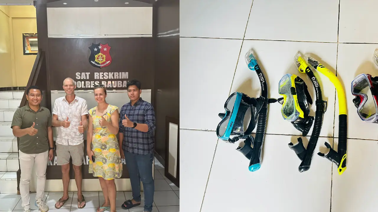 Wisatawan asal Australia bersama istri dan juru bicara ketika melaporkan kejadian kehilangan di Satreskrim Polres Baubau, dan alat selam yang dicuri. Foto: Ist.