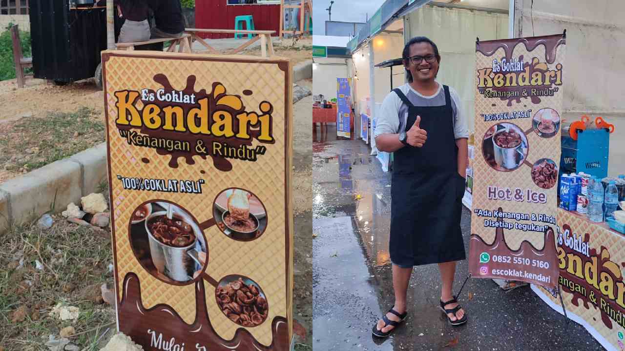 Kedai es coklat Kendari (kenangan dan rindu) dengan tagline "Ada kenangan dan rindu di setiap tegukan" yang artinya jika seseorang meminum es coklat akan ada kenangan dan rindu untuk datang minum es coklat lagi. Foto: Ist.