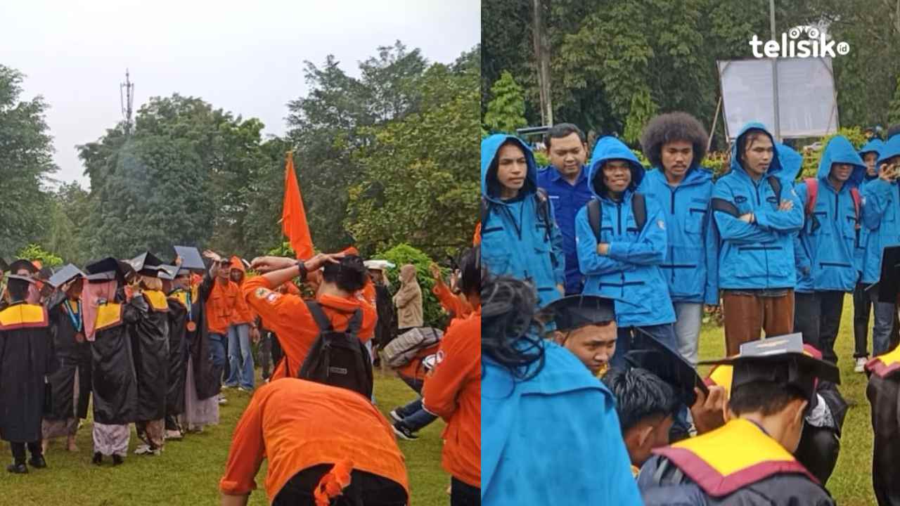 Para mahasiswa senior diarak para junior usai wisuda gelombang kedua UHO Kendari. Foto: Ahmad Jaelani/Telisik