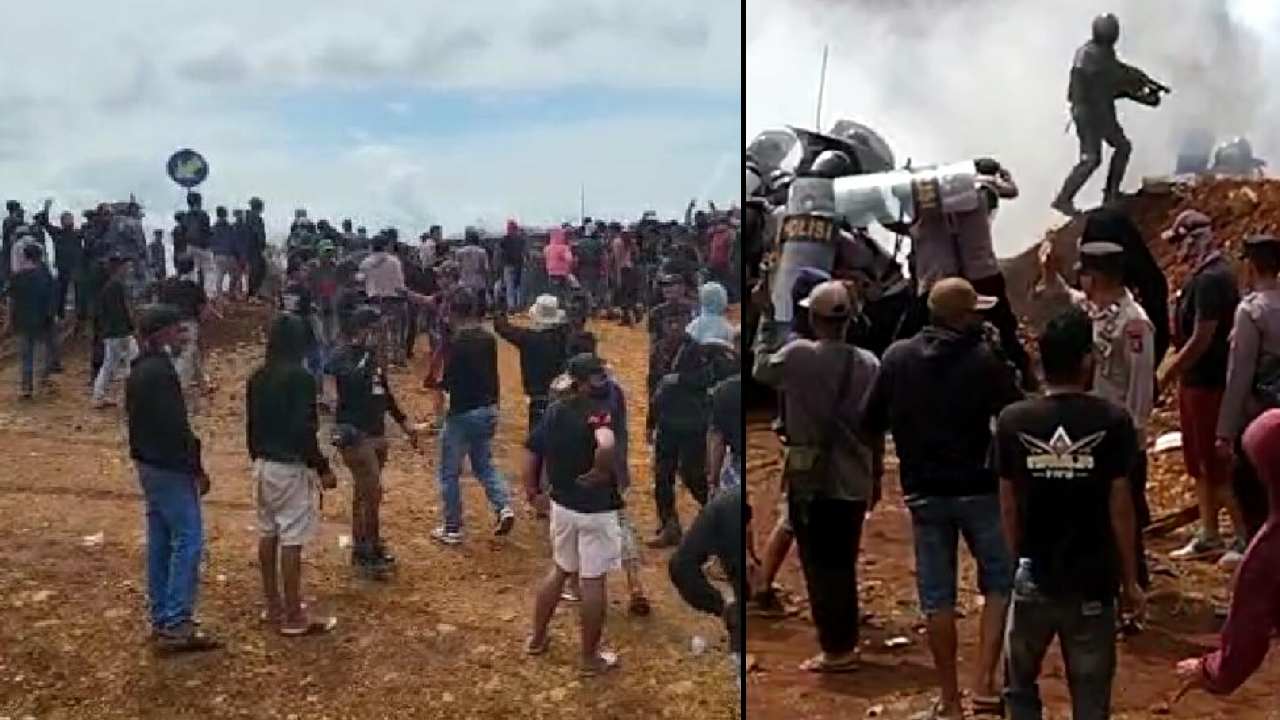Suasana bentrokan terjadi di lokasi penambangan Mandiodo, Konawe Utara. Foto: Tangkapan layar video