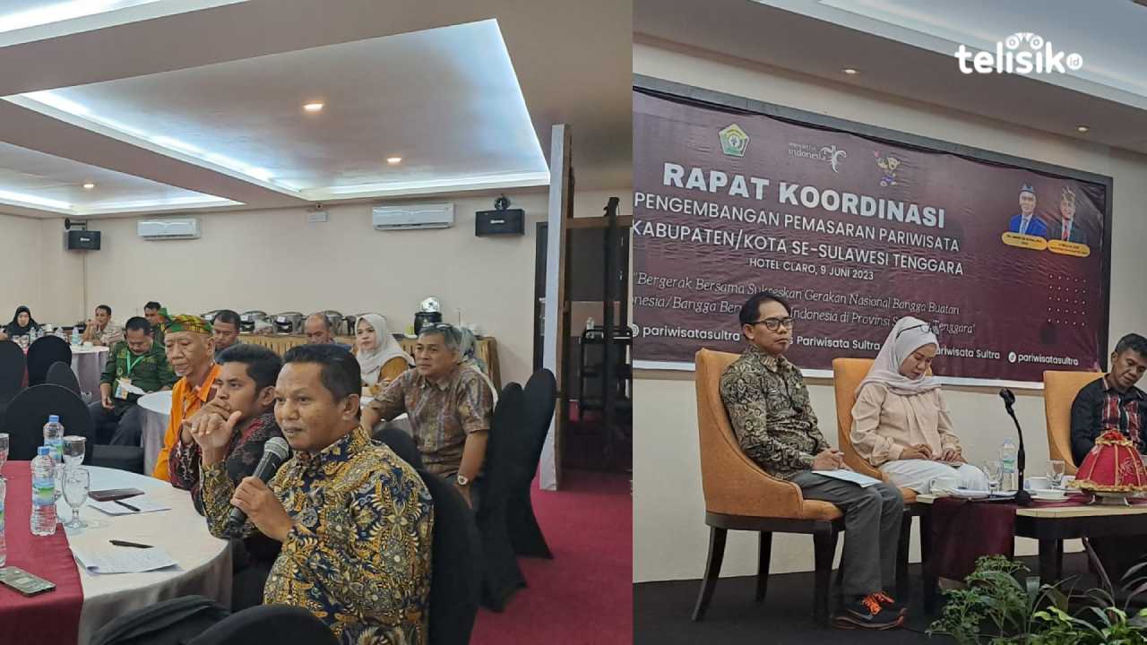 Rapat koordinasi (rakor) pengembangan pemasaran pariwisata se-Sulawesi Tenggara, guna mengembangkan pemasaran dan pariwisata seluruh kabupaten/kota. Foto: Wa Ode Ria Ika Hasana/Telisik