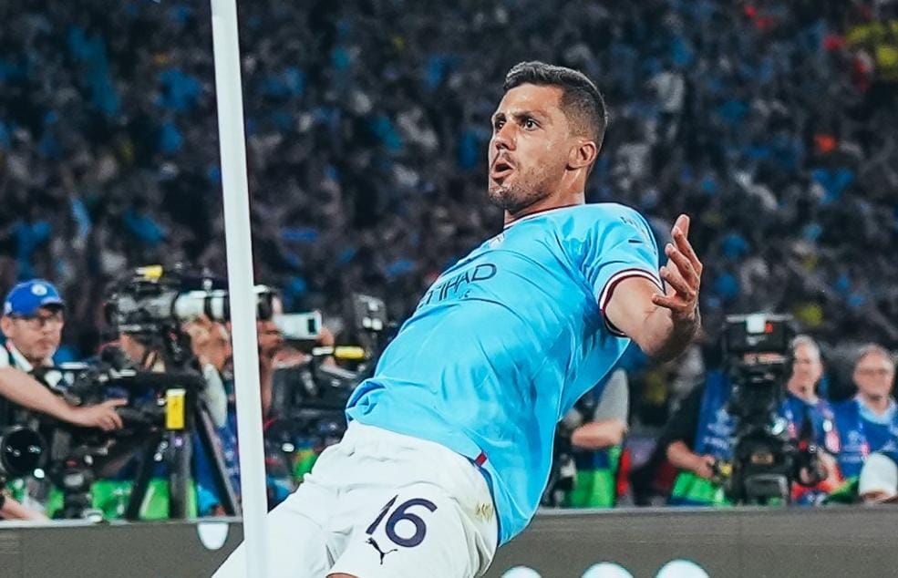 Aksi Rodri usai mencetak gol kemenangan Manchester City 1-0 dari Inter Milan di Final Liga Champions 2022/2023. Foto: Repro Twitter