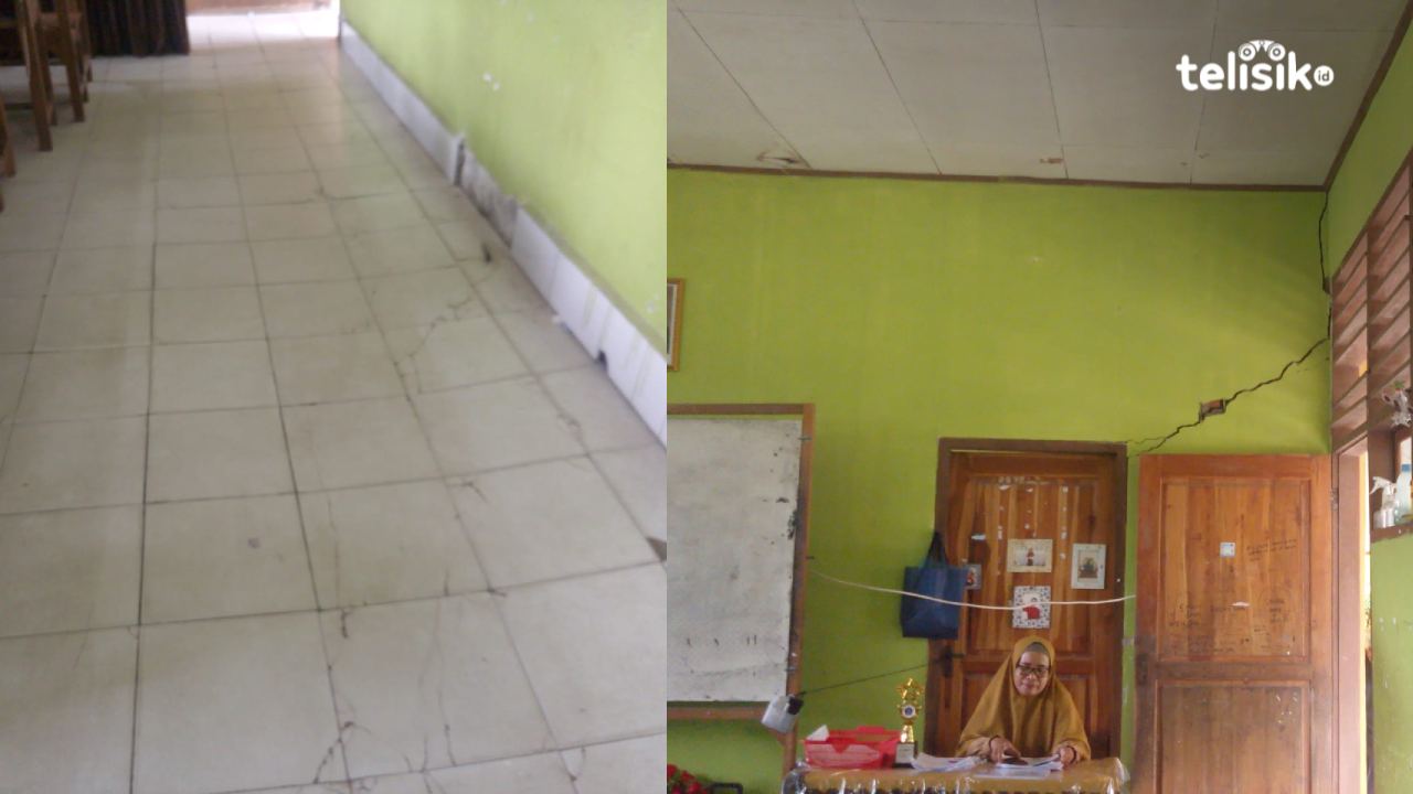 Tiga ruang kelas yang retak dan nyaris amblas, masih digunakan siswa SDN 2 Kendari yang berada di Jalan Christina Martha Tiahahu No 135 Kelurahan Lepo-lepo, Kecamatan Baruga. Foto: Nur Khumairah/Telisik