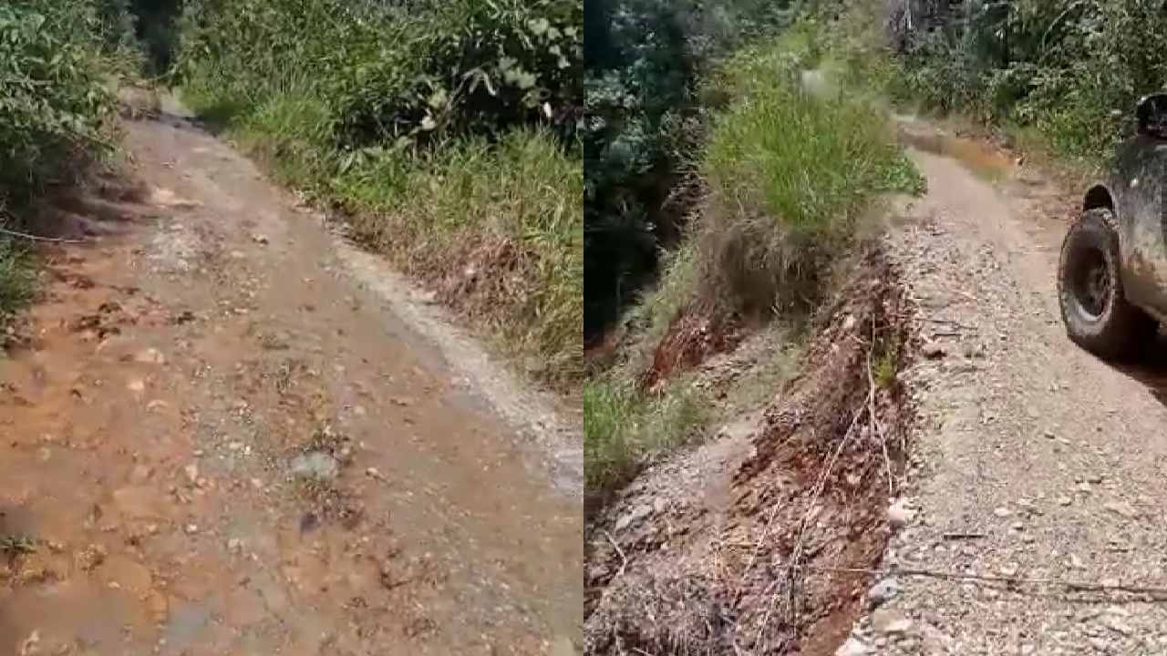 Kondisi ruas jalan di Desa Loka, Kecamatan Porehu menuju Kecamatan Tolala yang nyaris putus akibat longsor dan ruas jalan lainnya menyerupai sungai. Foto: Tangkap layar video