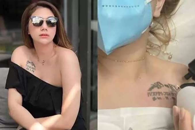 Celine Evangelista punya tato bertuliskan tanggal pernikahan dengan mantan suami di dada kirinya. Foto: Lombokinsider.com