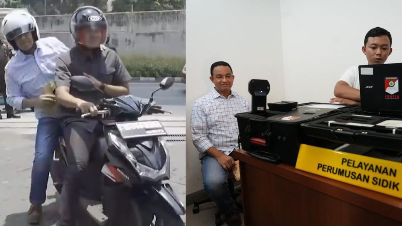 Anies Baswedan mendatangi Baintelkam Polri untuk mengurus SKCK dengan menumpang sepeda motor, Senin (25/9/2023). Foto: Ist.