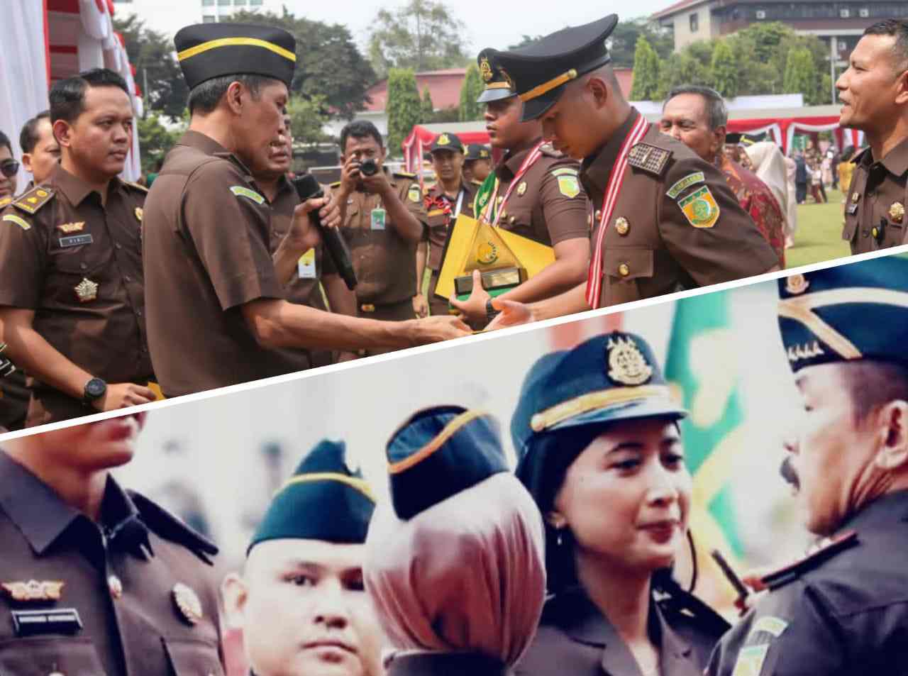 Achmad Harris Affandi saat mendapat penghargaan dari Pusdiklat dan Vina Angelina Bangun disematkan tanda pangkat dan pin jaksa. Foto: Ist.