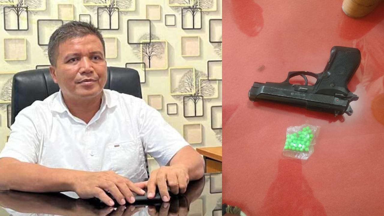Kasat Reskrim Polres Muna, AKP Asrun menerangkan telah menangani kasus senjata jenis air soft gun dan pelurunya yang digunakan La Ode RM. Foto: Kolase