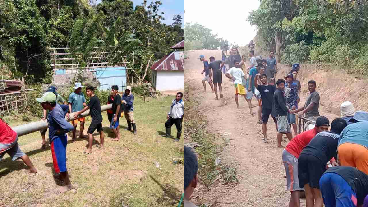 Aksi gotong royong yang dilakukan oleh masyarakat Desa Panambea Barata bersama mahasiswa KKN IAIN Kendari, untuk mendirikan tiang listrik. Foto: Ist.