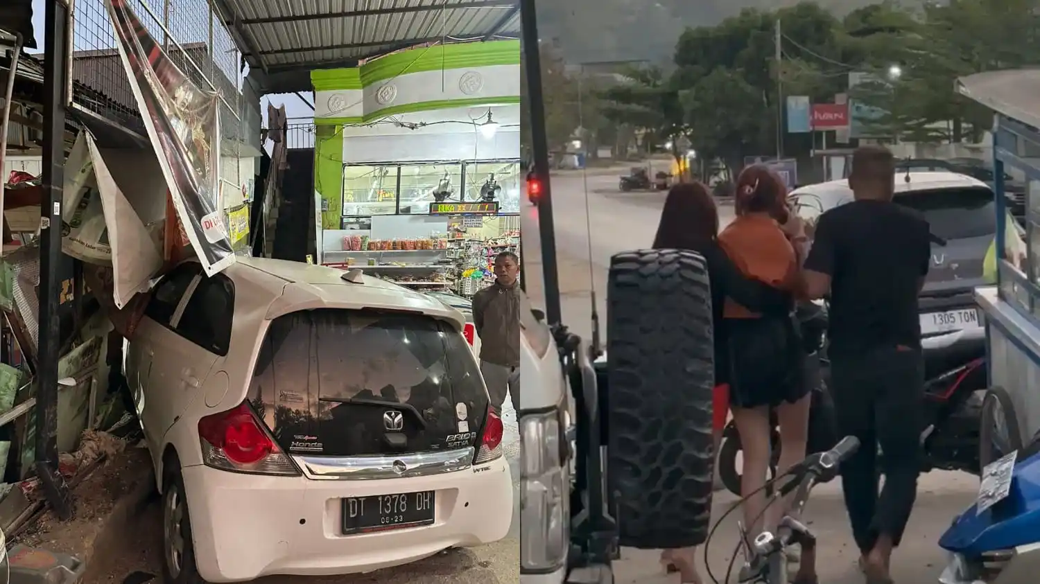 Mobil Honda Brio berwarna putih dengan nomor polisi DT 1378 DH menabrak sebuah kios depan Distro Mart (kiri). Pengendara wanita saat dievakuasi oleh warga sekitar TKP (kanan). Foto. Ist.