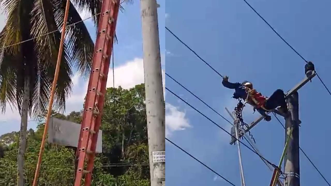 Seorang petugas instalasi tersengat listrik, saat sedang bekerja di Kota Kendari. Foto: Screenshoot video