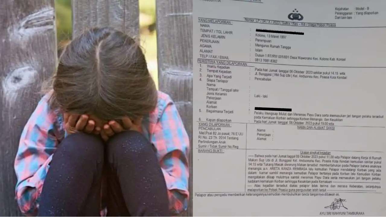 Anak perempuan di bawah umur (kiri) dan surat laporan ibu korban di Polsek Poasia (kanan). Foto: Kolase dan Istockphoto