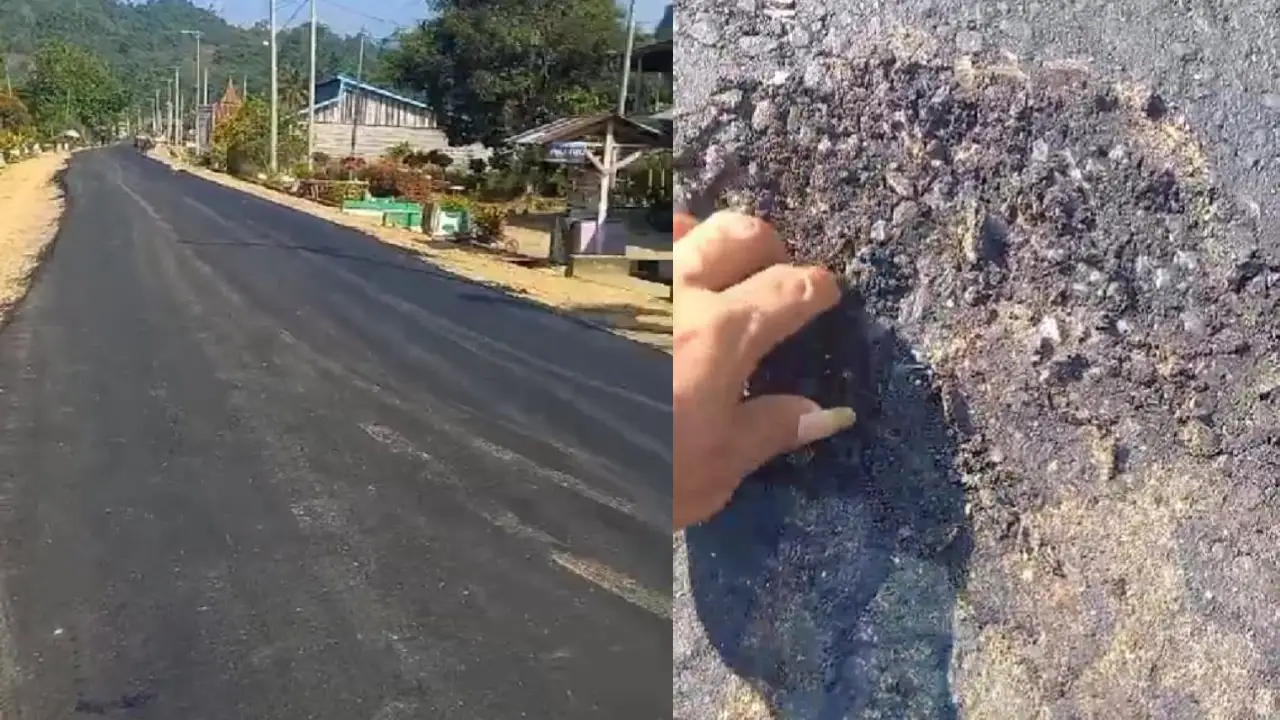Potret pengaspalan ruas jalan Lelewawo-Porehu yang dikomplain warga. Foto: Tangkapan layar video
