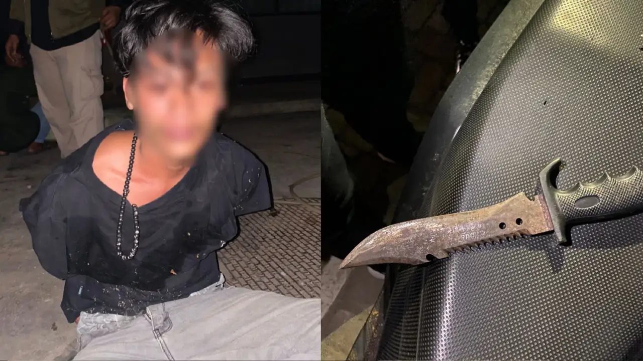 WS (23), pelaku pengancaman, diamankan polisi (kiri) dan pisau sangkur berkarat yang digunakan mengancam pengguna jalan (kanan). Foto: Ist.