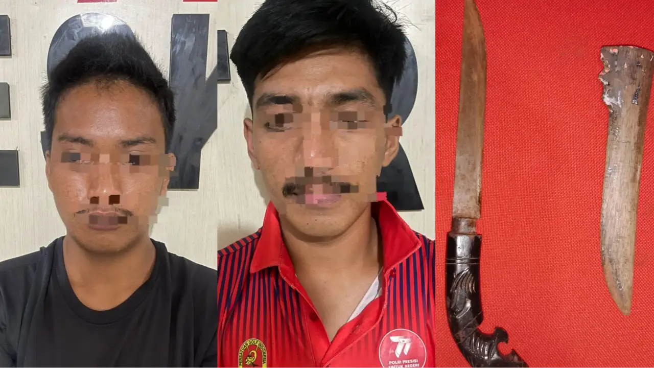 Pelaku AES (kiri) dan EL (kanan), diamankan beserta badik yang digunakan untuk melancarkan aksi kejahatan. Foto: Kolase