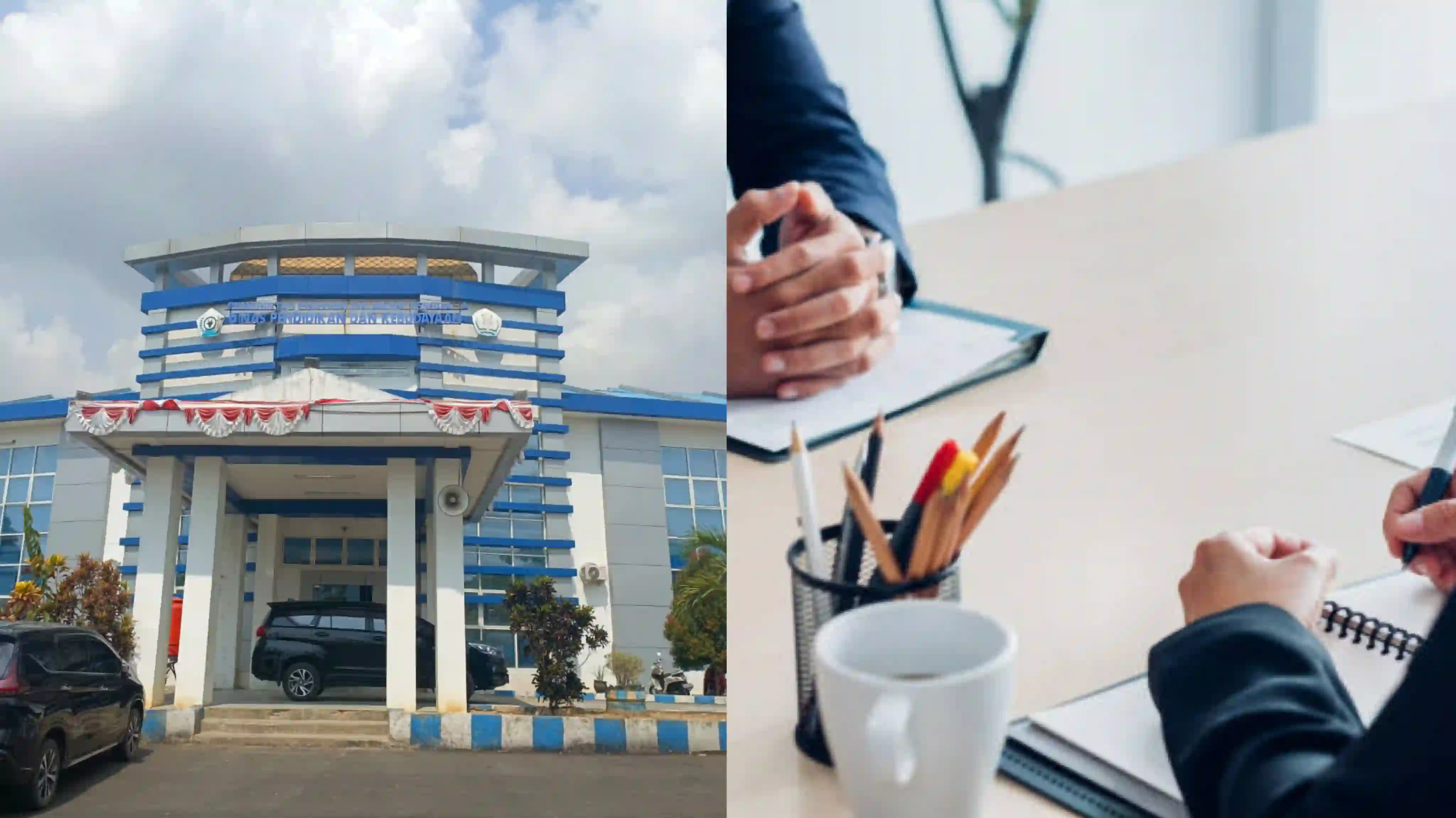 Kantor Dikbud Sulawesi Tenggara (kiri), ilustrasi pencari kerja (kanan). Foto: Kolase