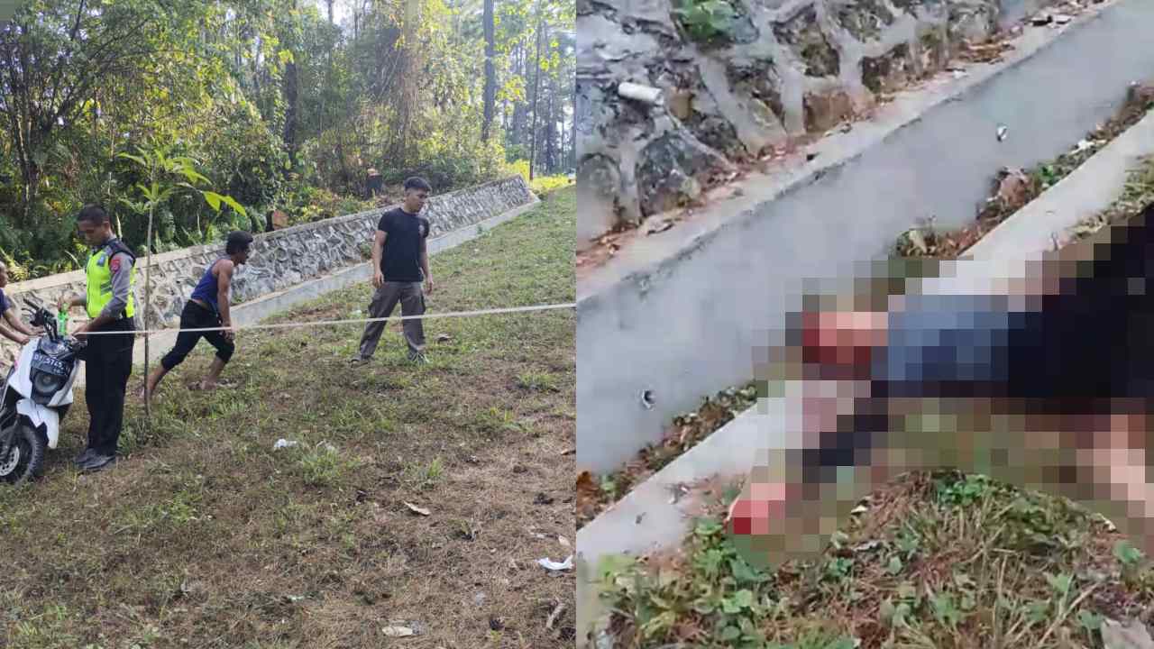 Personel Polantas Polres Kolaka Timur saat olah TKP kecelakaan tunggal di area perkantoran (kiri). Korban kecelakaan yang masih dalam perawatan (kanan) Foto: Kolase