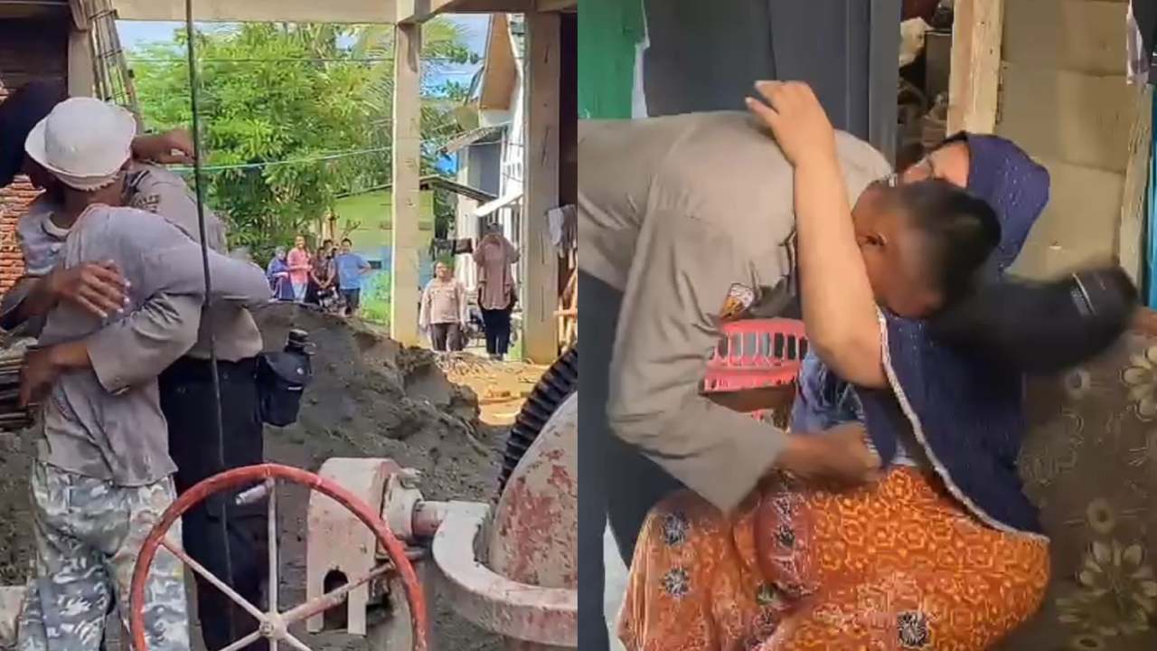 Anak dari seorang kuli bangunan yang lulus jadi polisi menangis dipelukan sang ayah, Foto: Ist.