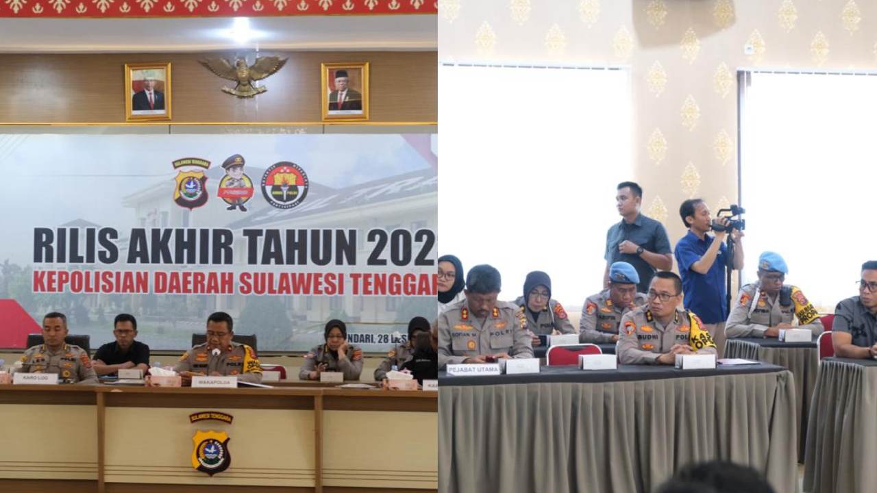 Polda Sulawesi Tenggara, merilis pencapaian keberhasilan sepanjang tahun 2023. Foto: Kolase
