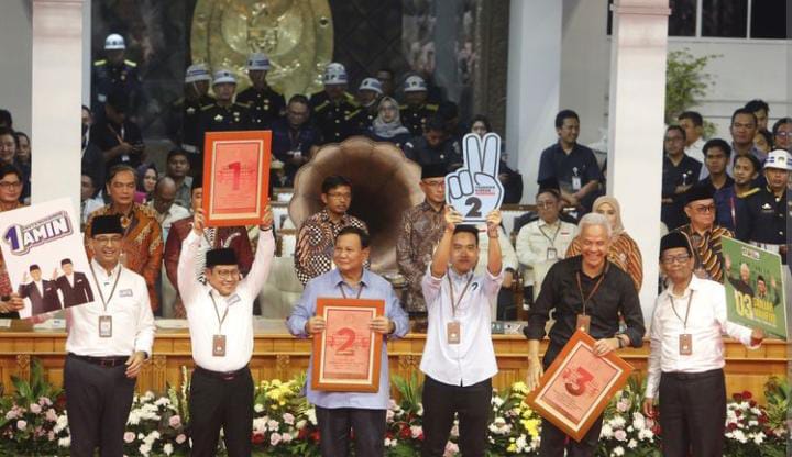 Tiga pasang calon capres cawapres 2024 akan menjalani debat perdana pada 12 Desember 2023. Foto: Kompas.com