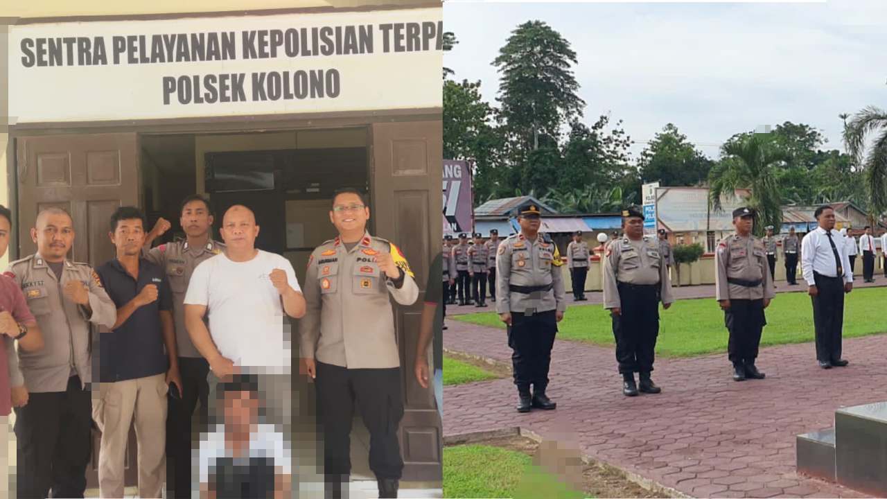 Pelaku peredaran sabu saat diamankan ke polsek Kolono (kiri), dan empat personil yang mendapatkan penghargaan dari Kapolres Konawe. Foto: Kolase