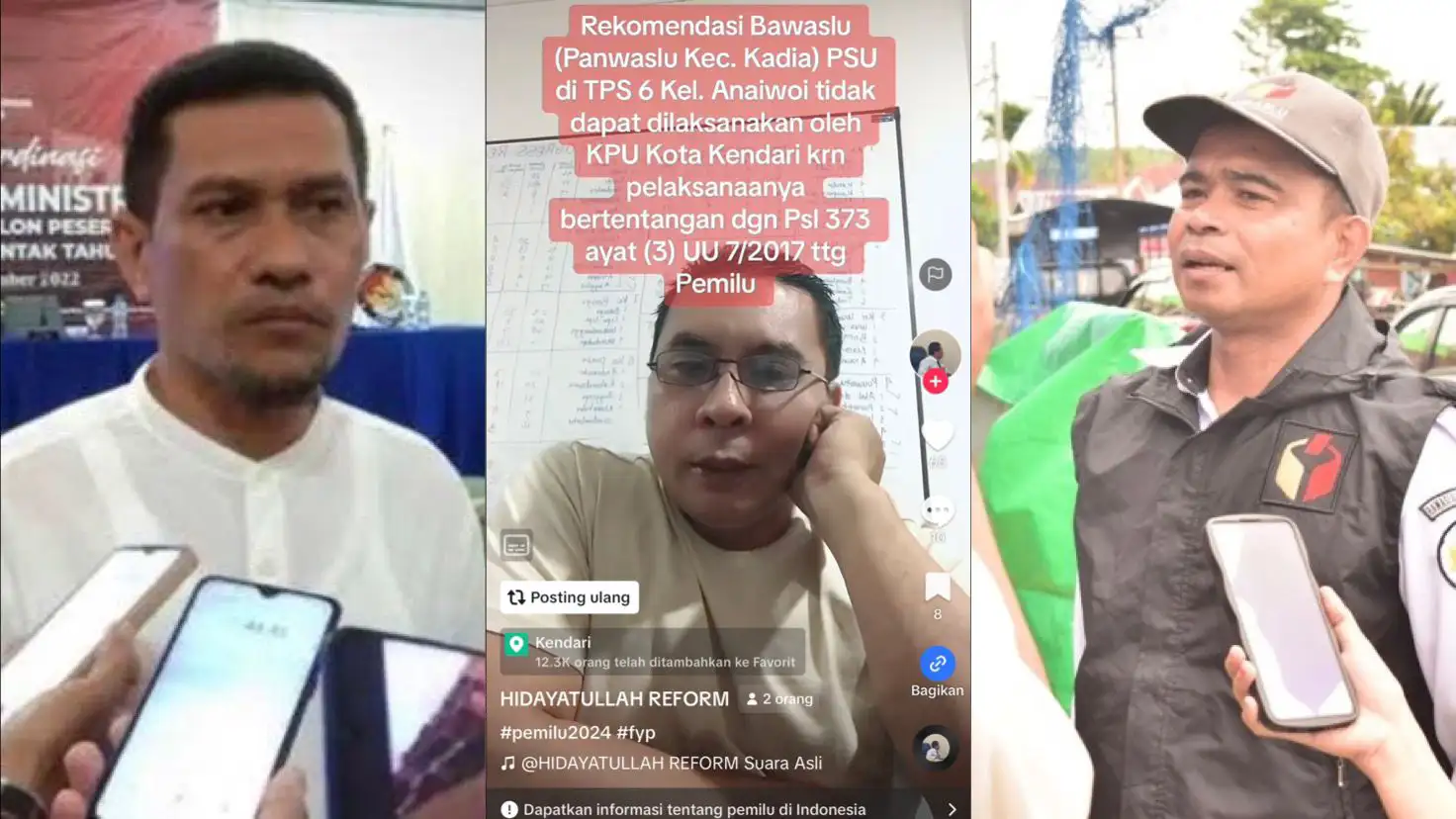 Jumwal Shaleh Ketua KPU Kota Kendari (kiri), Hidayatullah (tengah), dan Sahinuddin Ketua Bawaslu Kota Kendari (kanan). Foto: Kolase