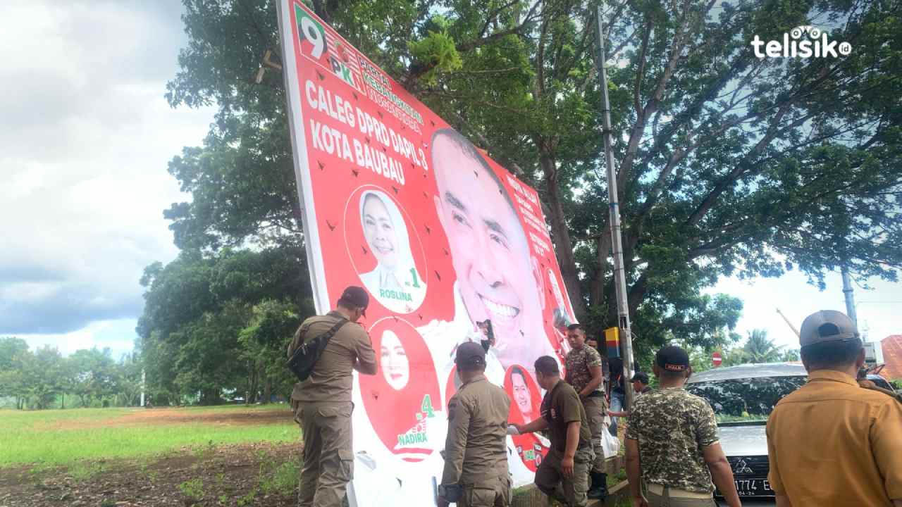 Sat Pol PP Kota Baubau saat menertibkan APK di masa tenang Pemilu. Foto: Elfinasari/Telisik