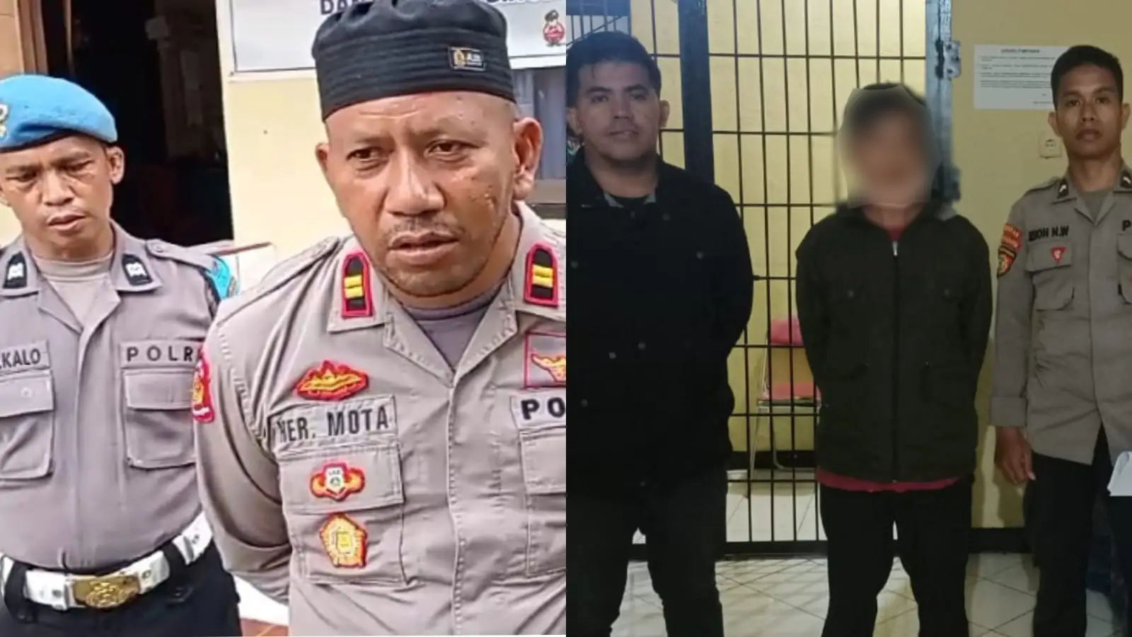 Kepala Polsek Sampolawa IPTU Herman Mota (kiri) dan tersangka R (44) didampingi pihak Kepolisian Sampolawa (kanan). Foto: Ist.