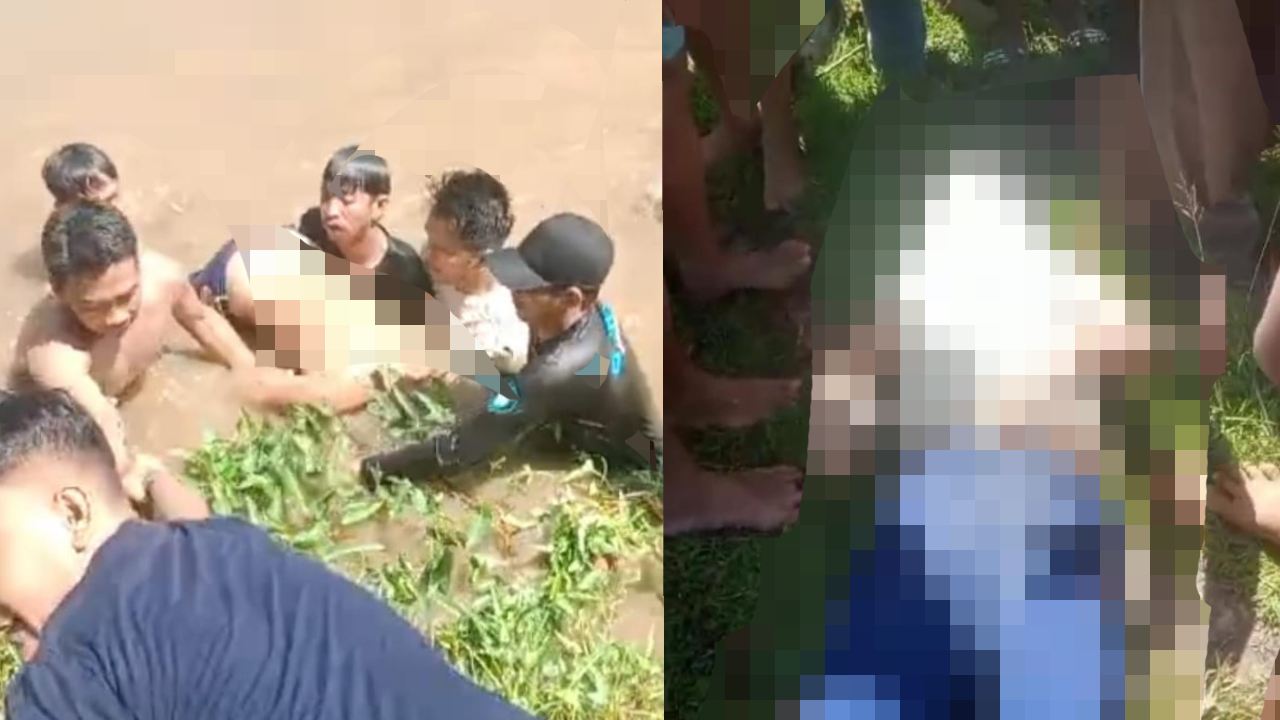 Proses evakuasi lansia yang meninggal dunia akibat tenggelam di saluran irigasi Desa Waturai. Foto: Screenshot Video