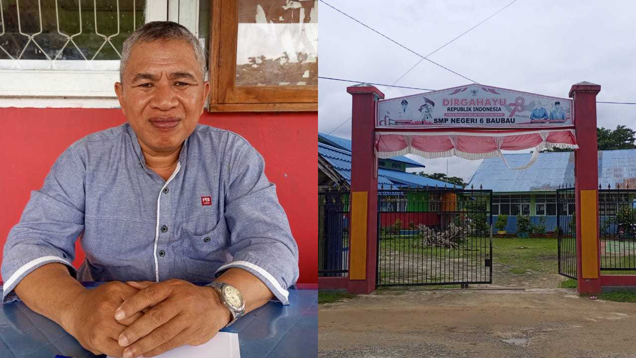 Kepala SMP Negeri 6 Baubau, Masrul Mauso Patu (Kiri) dan Gapura SMP Negeri 6 Baubau (Kanan). Foto: Kolase
