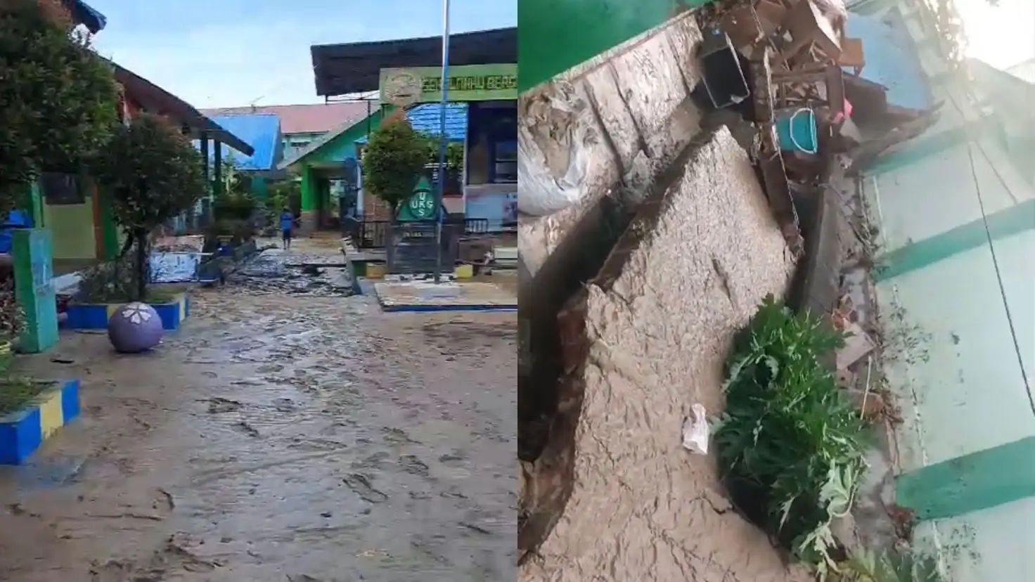 Halaman SMPN 2 Kendari yang dipenuhi lumpur dan fasilitas sekolah rusak akibat terjangan banjir. Foto: Screenshoot Video