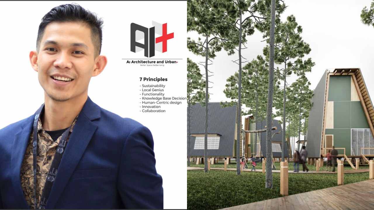 Muhammad Irsyad (kiri) dan hasil desain bertajuk Sela Rimba (kanan) yang berhasil membawanya menjadi juara satu di sayembara desain guest houst Universitas Tadulako. Foto: ist.