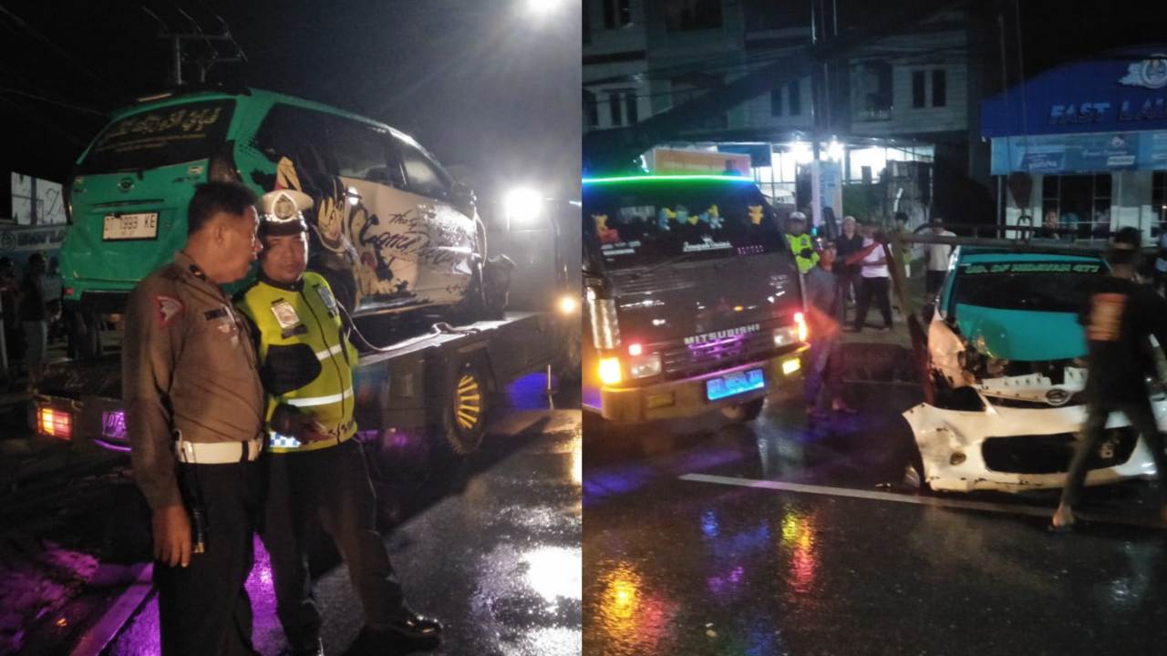 Dua kendaraan yang mengalami rusak parah akibat tabrakan dan petugas kepolisian Polresta Kendari sedang menderek kedua mobil tersebut. Foto: Kolase