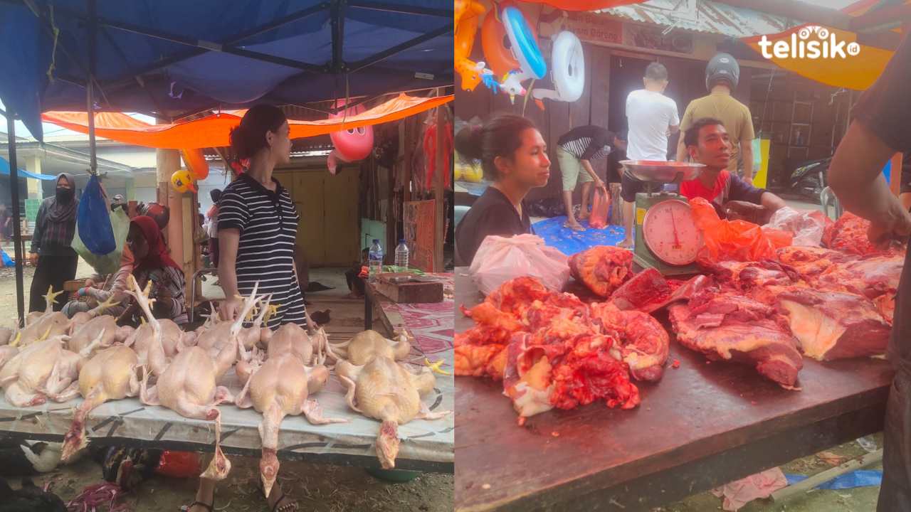 Harga Daging sapi, ayam hibgga tomat melonjak tinggi di Pasar Laino Kabupaten Muna. Foto: Erni Yanti/Telisik