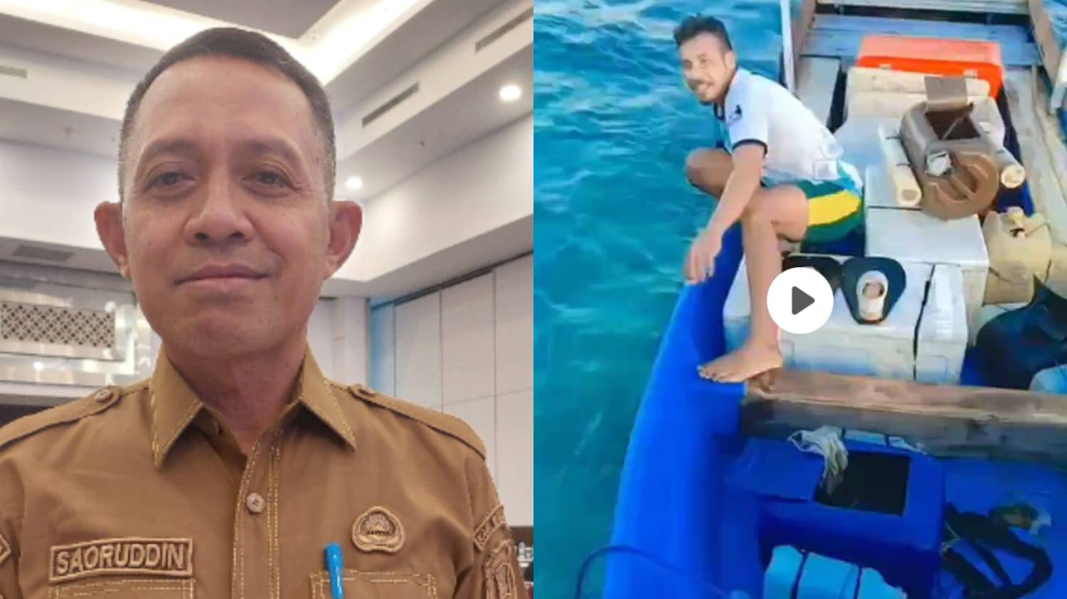 Kepala Dinas Perikanan dan Kelautan Kabupaten Wakatobi Saoruddin (kiri) dan screenshot video nelayan yang menemukan ikan napoleon Hendy (kanan). Foto: Ist.