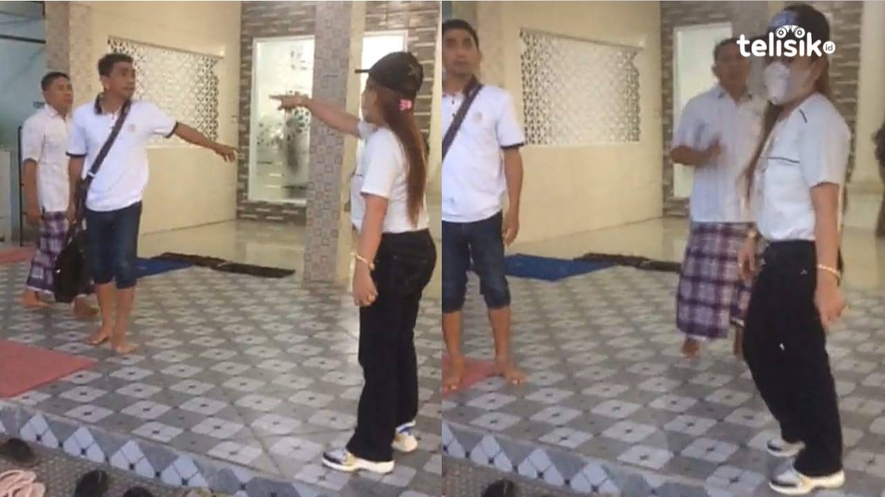 Detik-Detik saat seorang istri melabrak suaminya di Masjid Al-Muhajirin, Kendari. Foto: Bambang Sutrisno/Telisik