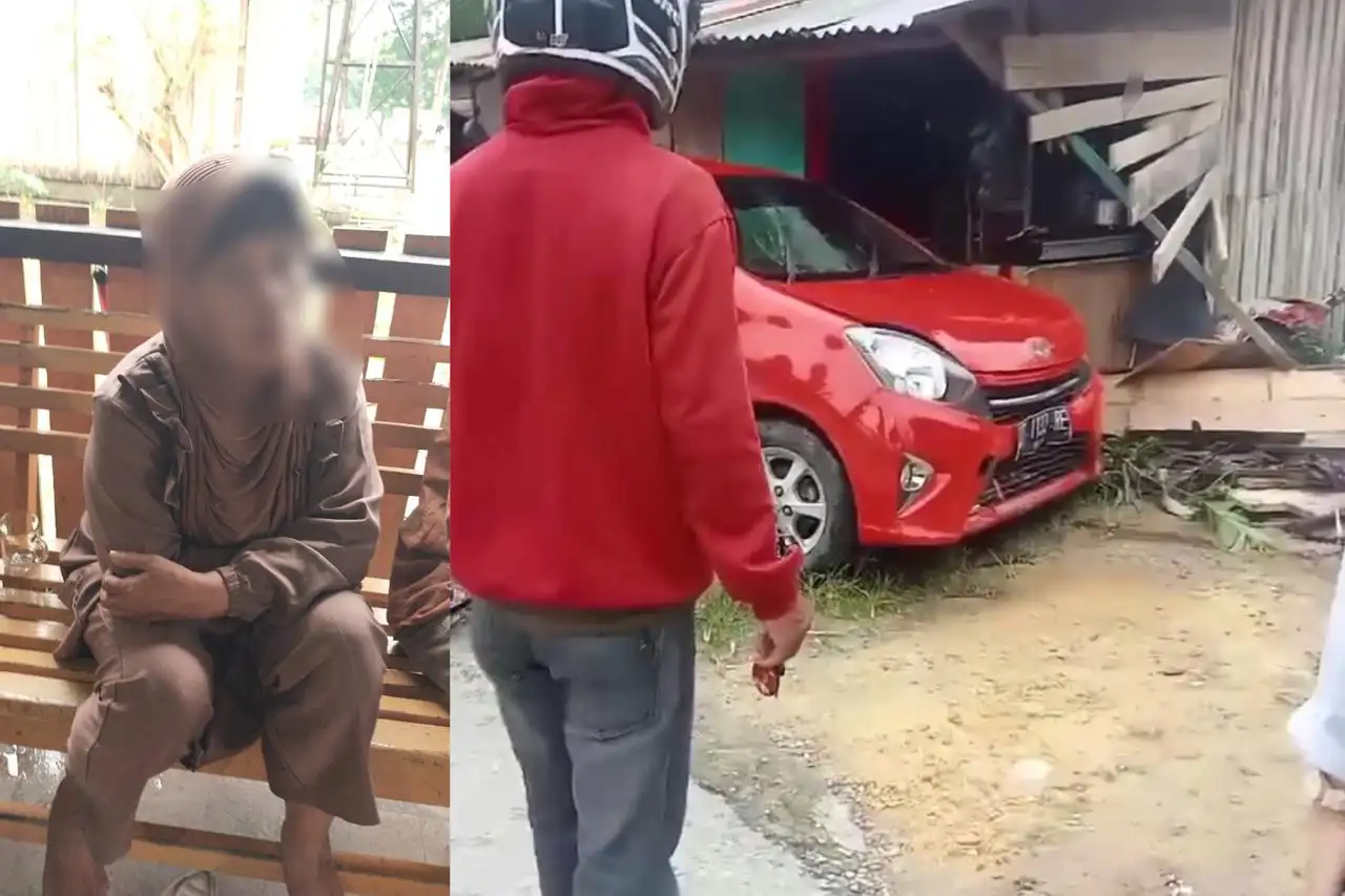 Rahdina (kiri), mobil yang dikemudikan hingga menabrak warung (kanan). Foto: Kolase