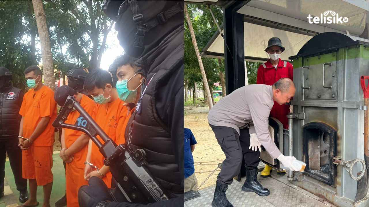 Empat tersangka saat di aula   Ditresnarkoba Polda Sultra (kiri),dan  proses pemusnahan Narkoba dalam mesin incubator. Foto: Ahmad Jaelani/Telisik