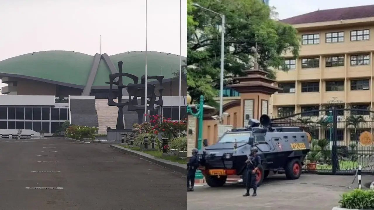 Gedung DPR di Senayan Jakarta (kiri), dan Markas Besar Kepolisian Republik Indonesia (kanan). Foto: Kolase