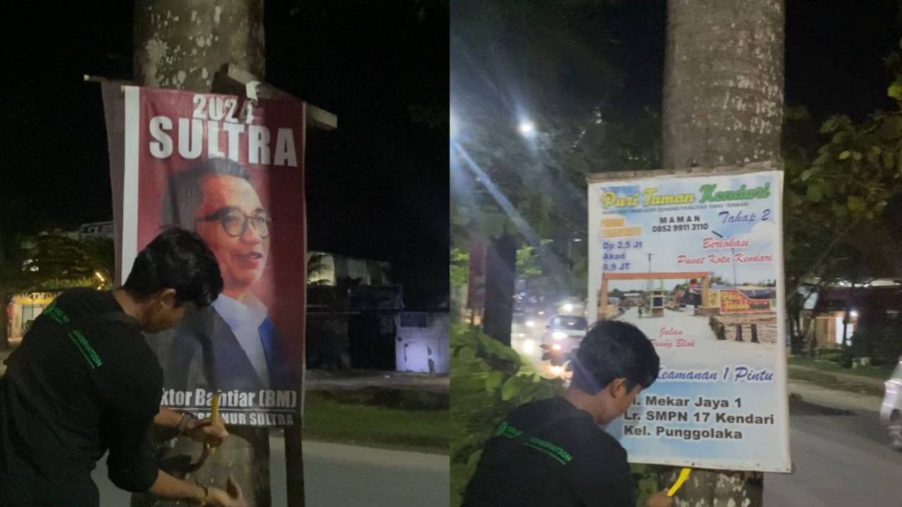 Celebes Cobservation Center (CCC) lakukan pencopotan baliho calon kepala daerah kota kendari hingga atribut benner promosi. Foto: Ist.