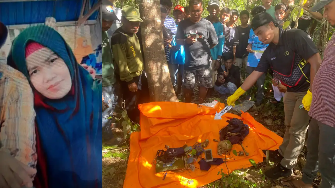 Ariani yang menghilang sejak 8 bulan lalu (kiri) dan kerangka korban saat dilakukan evakuasi oleh Sat Reksrim Polres Buton Tengah (kanan). Foto: Ist.