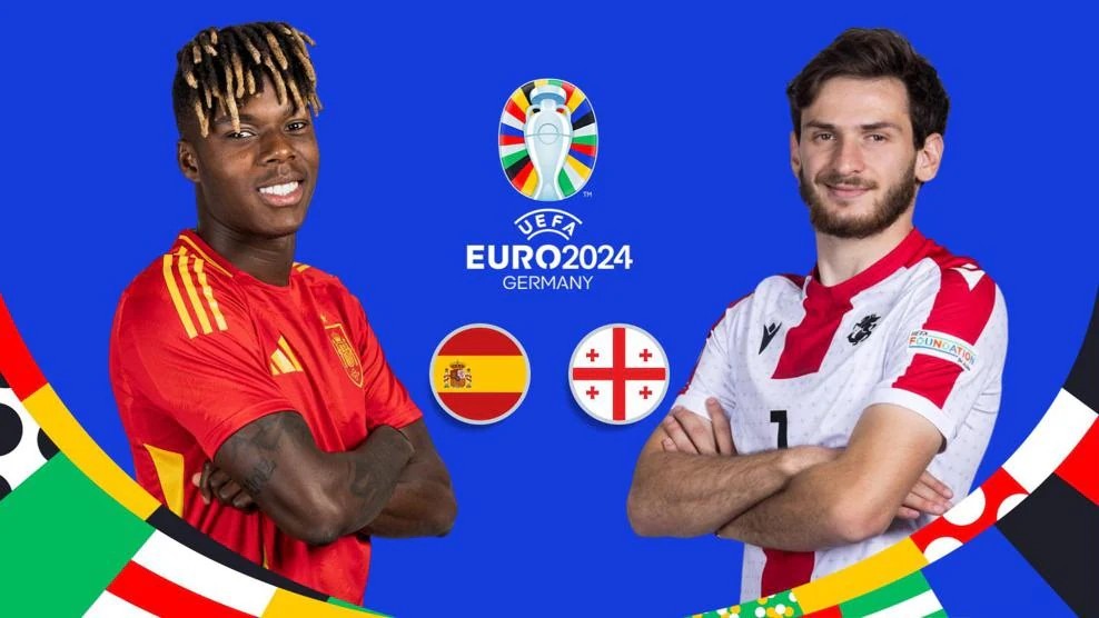 Pemain Spanyol, Nico Williams (kiri), dan Khvicha Kvaratskhelia dari Georgia. Foto dan Grafis: euro.com