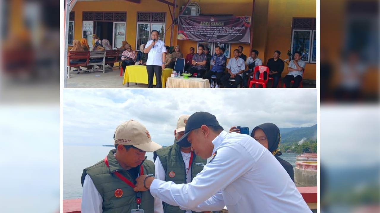Kordiv SDM dan Parmas KPU Kolaka Utara, Robi (foto atas) memberikan arahan kepada peserta apel kesiapan Pantarli dan Kordiv Teknis KPU Kolaka Utara, Supyan menyematkan atribut Pantarli saat apel menghadiri apel kesiapan Pantarli di Kecamatan Katoi. Foto: 